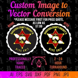 Könnte beinhalten: Eine digitale Grafik für einen Bild-zu-Vektor-Konvertierungsdienst. Sie zeigt einen Vorher-Nachher-Vergleich des Emblems der Saratoga County Sheriff's Dive Unit, bestehend aus einem roten sechsstrahligen Stern mit Tauchersymbol auf schwarzem Kreis.