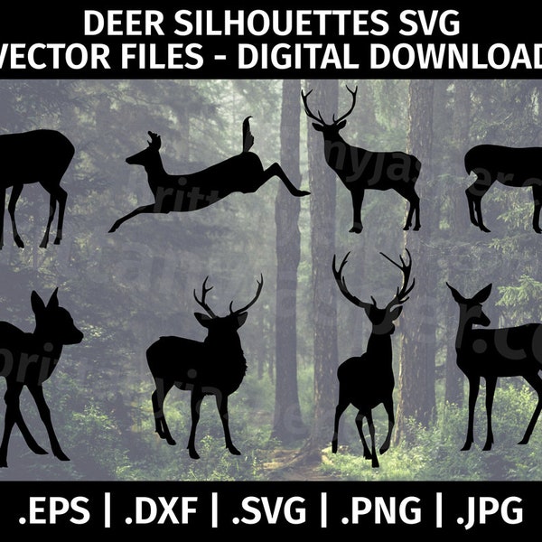 Deer Silhouette SVG Vector Clip Art - Cut Files for Cricut, Silhouette - eps dxf svg png jpg - Doe, Fawn, Buck, Hunting, Whitetail, Jumping