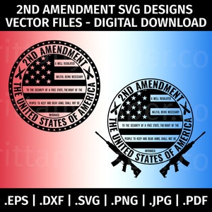 Pode incluir: Design vetorial em preto e branco da 2ª Emenda à Constituição dos Estados Unidos. O design apresenta uma bandeira americana estilizada com rifles cruzados e o texto "A well regulated Militia, being necessary to the security of a free State, the right of the people to keep and bear Arms, shall not be infringed."
