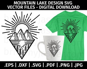 Mountain Lake Line Art SVG Vector - Cut Files for Cricut - eps dxf svg png jpg pdf - Nature, Camping, Vacation, Woods, Outdoors, Adventure