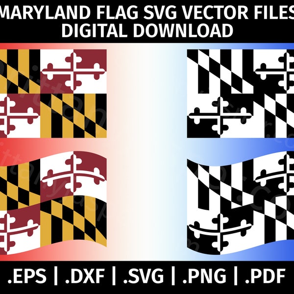 Maryland State Flag SVG Vector Clip Art - Cut Files for Cricut, Silhouette - eps dxf svg png pdf - Black & White, Waving Flag, MD Flag