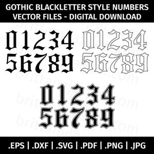 Imágenes prediseñadas vectoriales de números de estilo gótico: archivos de corte para Cricut y Silhouette (eps, dxf, pdf, png y jpg) - Buzón, casa, letra gótica, contorno