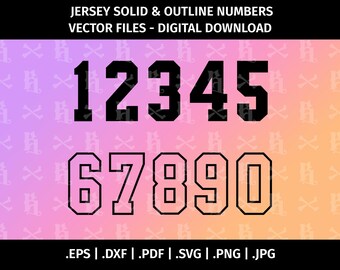 Ontwerpen voor rugnummers in jersey-stijl - Snijbestanden voor Cricut, Silhouette - eps dxf pdf svg jpg png - Uniform, Sport, Universiteit, Omtrek, College
