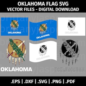 Oklahoma Flag SVG Vector Clip Art - Arquivos de corte para Cricut, Silhouette - eps dxf svg png pdf - Preto e branco, OK acenando, escudo, selo, emblema