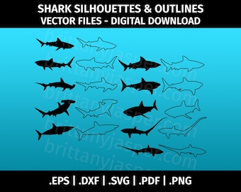 Shark Silhouettes & Outlines SVG Vector Clip Art - Cut Files for Cricut, Silhouette - eps dxf pdf svg png - Tiger, Great White, Hammerhead