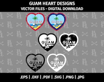 Guam Heart Designs - Snijbestanden voor Cricut, Silhouette - eps dxf svg pdf png jpg - Digitaal, Vlagafbeelding, Embleem, Zegel, Zwart-wit