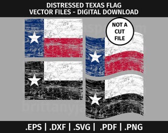 Puede incluir: Tres variaciones de un diseño de bandera de Texas desgastado. La bandera es azul, blanca y roja con una estrella blanca en la sección azul. El texto "NOT A CUT FILE" está en un cuadro blanco.