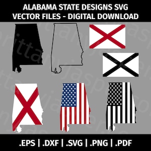 Drapeau de l'État de l'Alabama SVG Vector Clip Art - fichiers de coupe pour Cricut, Silhouette - eps dxf pdf svg png - noir et blanc, drapeau de l'Alabama, contour de l'État