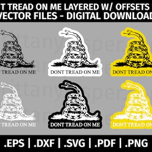 Não pise em mim, cobra, camadas SVG, vetor - Arquivos de corte para Cricut, Silhouette - eps dxf svg png pdf - Bandeira de Gadsden, preto e branco, offsets