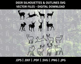 Silhouetten en contouren van herten in SVG-vectorformaat - Snijbestanden voor Cricut en Silhouette - eps dxf svg png jpg - Bok, Jacht, Witstaarthert, Springend