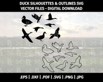 Silhouetten en contouren van eenden in SVG-vectorformaat - Snijbestanden voor Cricut en Silhouette - eps dxf svg pdf png jpg - Wilde eend, vliegend, jagend