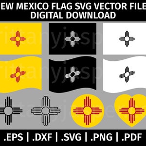 New Mexico State Flag Vector SVG - Cut Files for Cricut -  eps dxf svg png pdf - Black & White, NM Waving, Zia Sun Symbol, Heart, Circle
