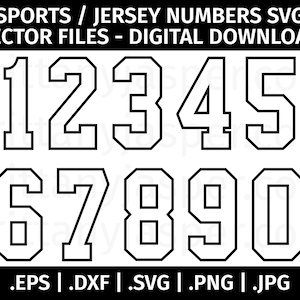 Jersey / sport nummer SVG vector illustraties - gesneden bestanden voor de Cricut, silhouet - eps dxf svg png jpg - uniformnummer, atletisch, omtrek #