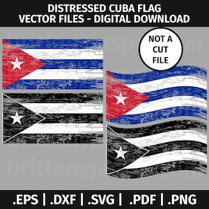 Distressed Cuba Flag SVG Design - Vector Clip Art Graphic  - eps dxf svg pdf png - Tattered, Cuban, Weathered, Waving, Grunge, Black & White