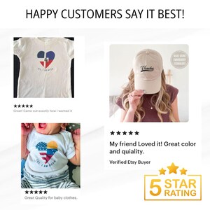 May include: Image showcasing customer reviews for apparel. Featured are a white t-shirt and baby onesie, both with heart designs and the text "YES, I AM BOTH." A beige baseball cap with "Vencka" embroidered is also shown. The image includes a 5-star rating graphic.