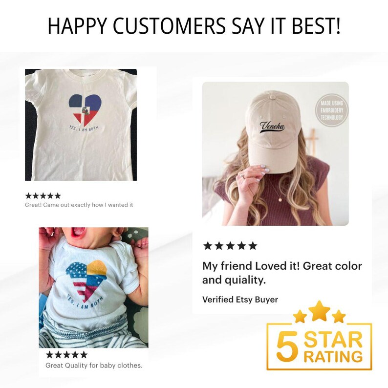 May include: Image showcasing customer reviews for apparel. Featured are a white t-shirt and baby onesie, both with heart designs and the text "YES, I AM BOTH." A beige baseball cap with "Vencka" embroidered is also shown. The image includes a 5-star rating graphic.