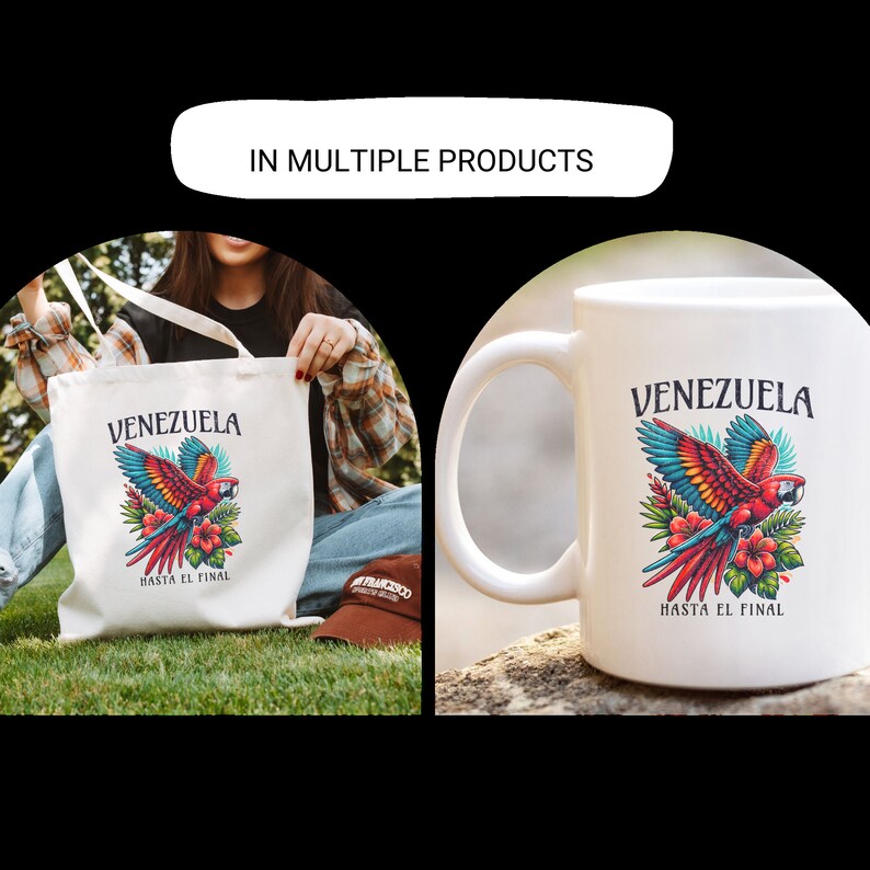 May include: White tote bag and mug with a colorful parrot design. The design features a red, yellow, and blue parrot with green leaves and pink flowers. The text on the bag and mug reads "Venezuela" and "Hasta el final".
