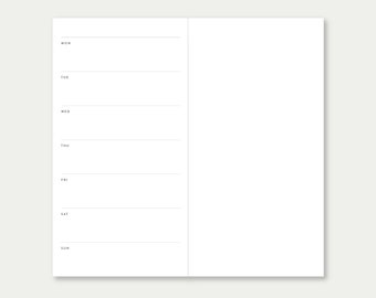 Puede incluir: Un planificador semanal minimalista con un fondo blanco y limpio. La página izquierda presenta líneas horizontales para cada día de la semana, de lunes a domingo. La página derecha está en blanco, ofreciendo espacio para notas.