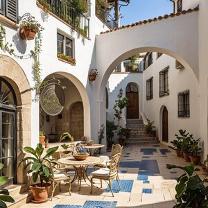May include: An outdoor courtyard with white stucco walls, arched walkways, and a tiled floor with blue and beige patterns. Potted plants and flowers adorn the space, with wrought-iron tables and chairs set for dining. The architecture suggests a Mediterranean style.