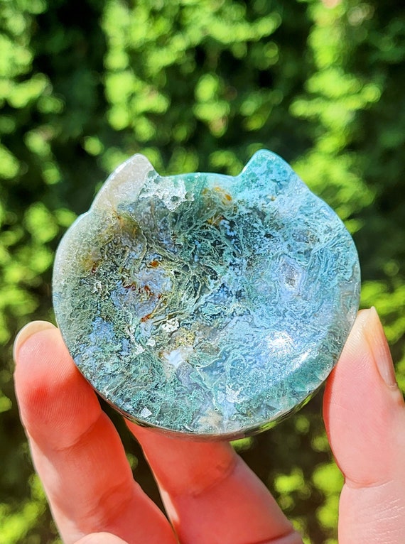 Hand Craved Moss Agate Cat Dish Bowl Mini Sized Gemstone Ring