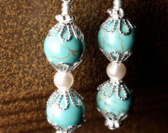 Turquoise and pearl drop dangle silver plated wire handmade earrings