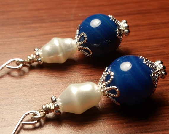 Blue Agate Silver Capped White Glass Rice Pearl Drop Dangle Handmade Silver Plated Wire