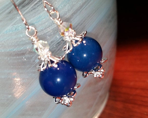 Blue Agate with Sparkling AB crystal Drop Wire Handmade Dangle Earrings