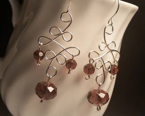 Light Purple Crystal Glass Bead Chandelier Silver Plated Wire Drop Dangle Handmade Earrings