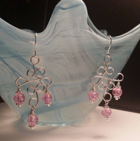 Pink Crackle Glass Bead Chandelier Drop Handmade Dangle Silver Plated Wire Wrapped Earrings