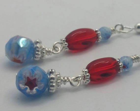 Red and Blue Glass Bead Drop Dangle Silver Wire Handmade Earrings