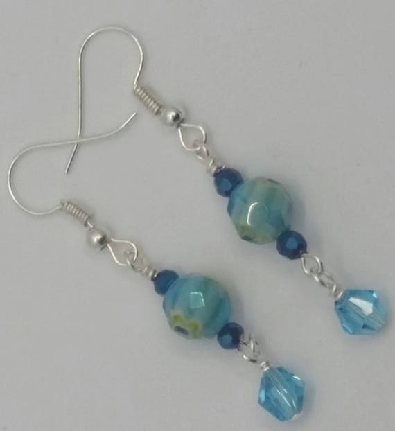 Blue Glass Flower with Light Blue Crystal Drop Dangle Silver Wire Handmade Earrings