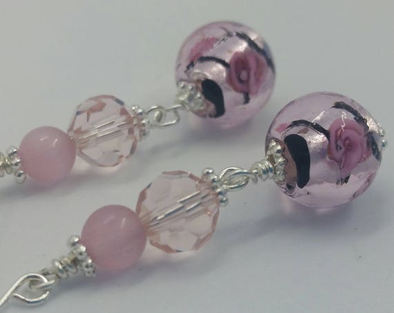 Pink Rose and Silver Handmade Wire Earrings -Pink Glass Silver lined Bead with Black Swirl