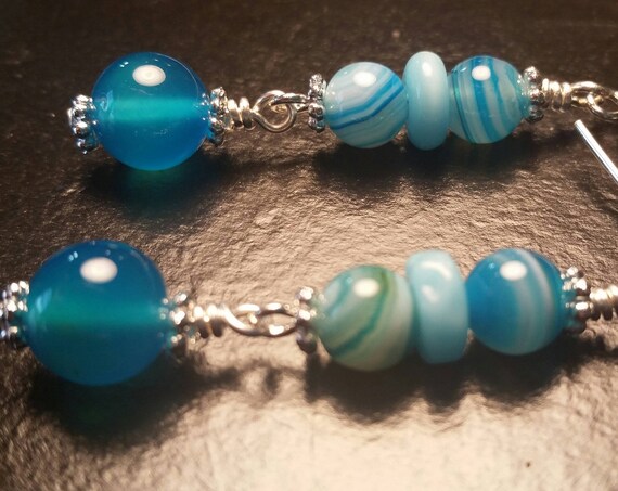 Blue Natural Stone Drop Silver Dangle Wire Handmade Earrings