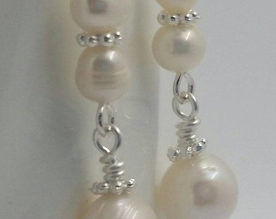 Fresh water Pearls Off white Cream Silver Drop Dangle Wire Handmade Earrings