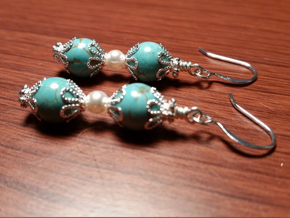 Turquoise and glass pearl drop dangle silver wire Earrings