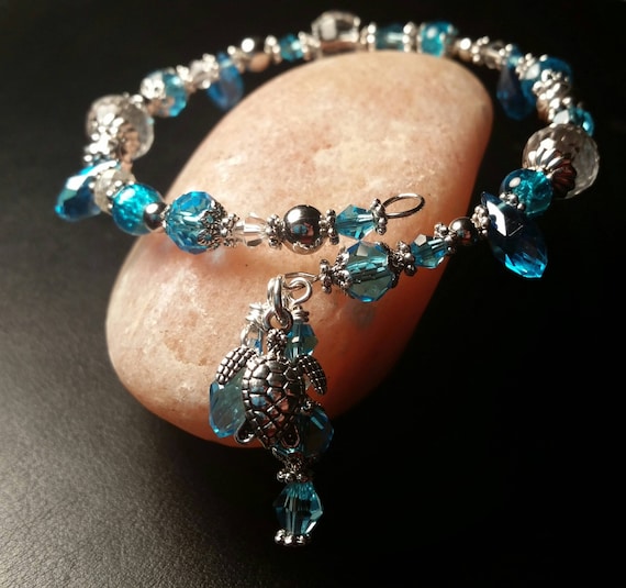 Aqua Blue Bangle Bracelet and Turtle Charm