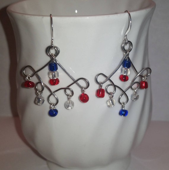 Red White and Blue Chandelier Wire Dangle Drop Earrings