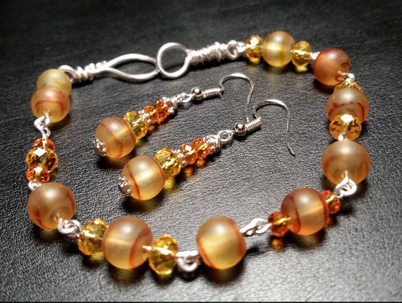 Yellow and Orange Glass Bead Bracelet and Dangle Drop Wire Earring Set
