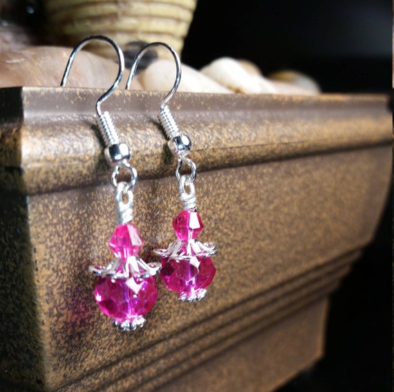 Hot Pink Glass Bead and Crystal Drop Dangle Silver Wire Earrings