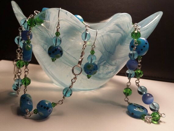 Blue and Green Glass Bead and Crystal Necklace Bracelet and Earring Set Drop Dangle Silver Plated Wire Wrapped Set