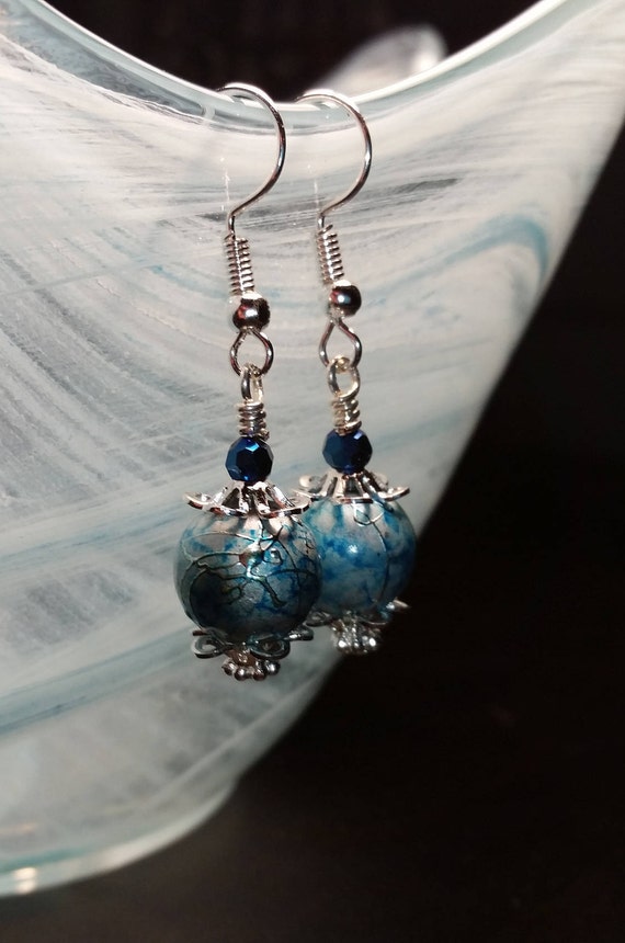 Blue Swirly Marble Glass Drop Dangle Earrings