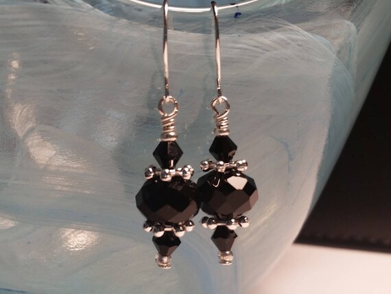Black Glass Crystal Bead Drop Silver Wire Handmade Dangle Earrings