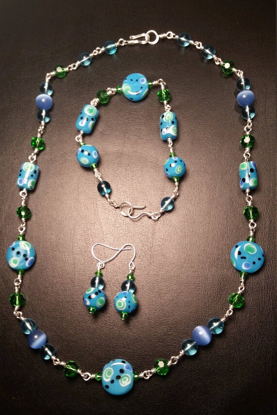 Blue and Green Glass Bead and Crystal Necklace Bracelet and Earring Set Drop Dangle Silver Plated Wire Wrapped Set