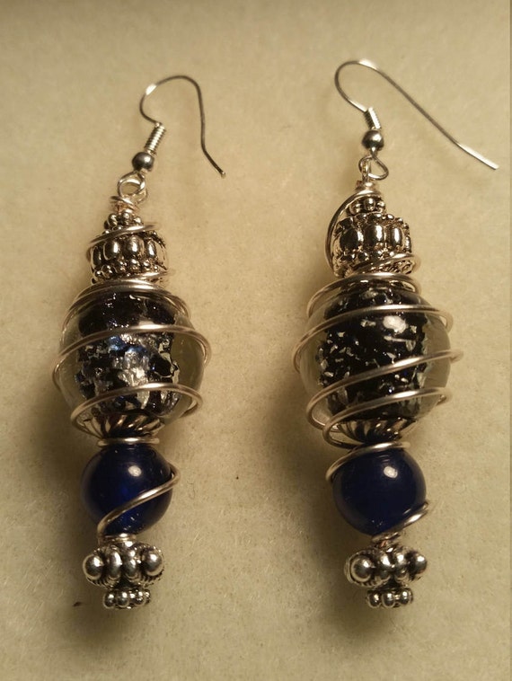 Clear crackle bead with Navy blue center Drop Dangle Handmade quality sliver plated wire earrings