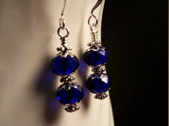 Blue Crystal Glass Bead Drop Dangle Wire Earrings