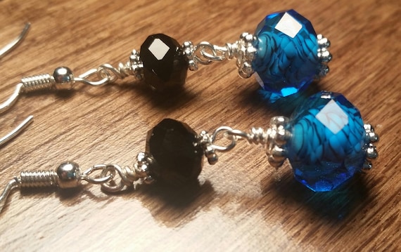 Black Swirl and Blue Silver Wire Drop Dangle Handmade Earrings