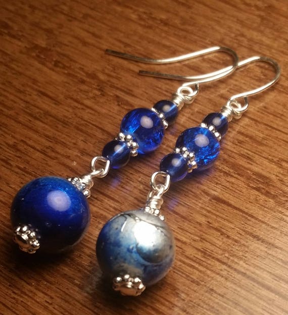 Royal Blue with Blue Marble Swirl Silver Wire Drop Dangle handmade earrings