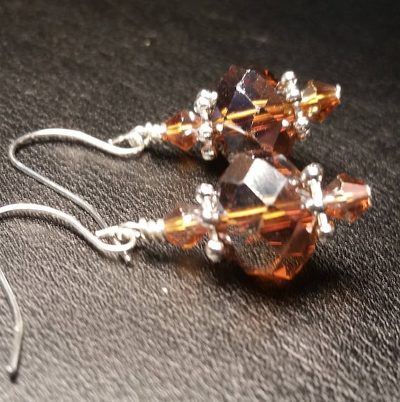 Amber glass crystal Drop dangle silver wire handmade earrings