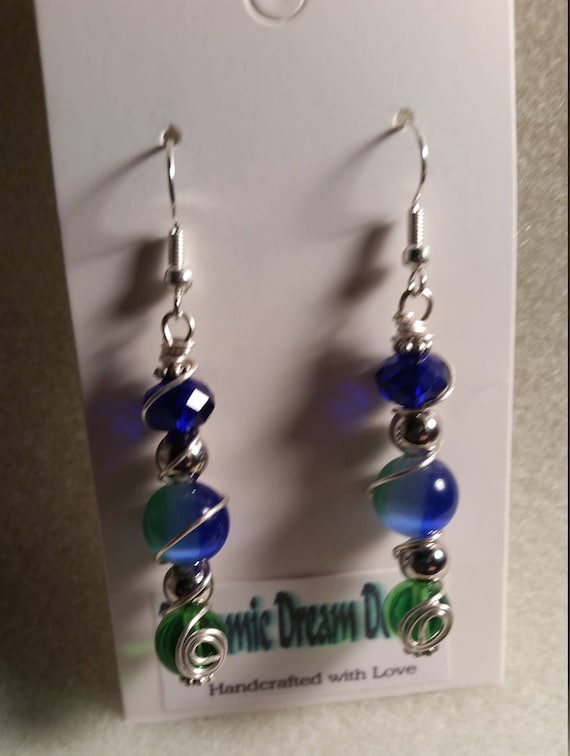 Blue and Green Wire Wrapped Earrings