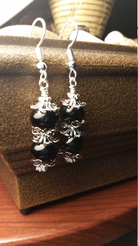 Black Glass Bead Drop Dangle Silver Capped Earrings